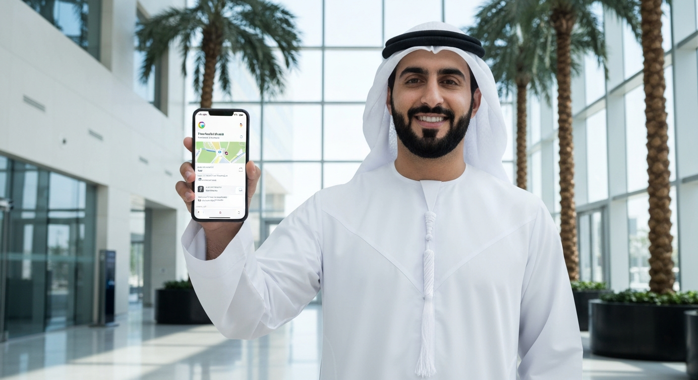 UAE businessman showing Google top ranking on smartphone