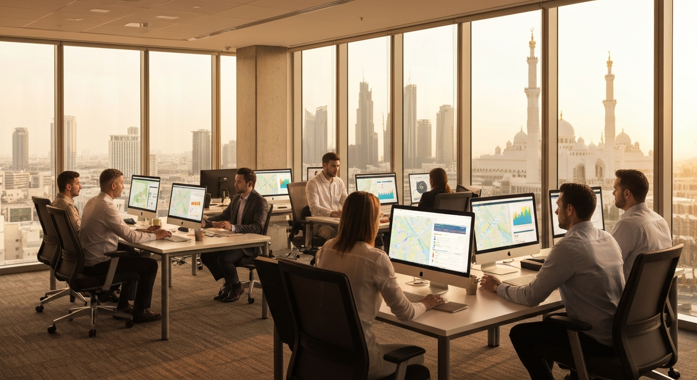 Local SEO agency team working in Abu Dhabi office with city skyline view