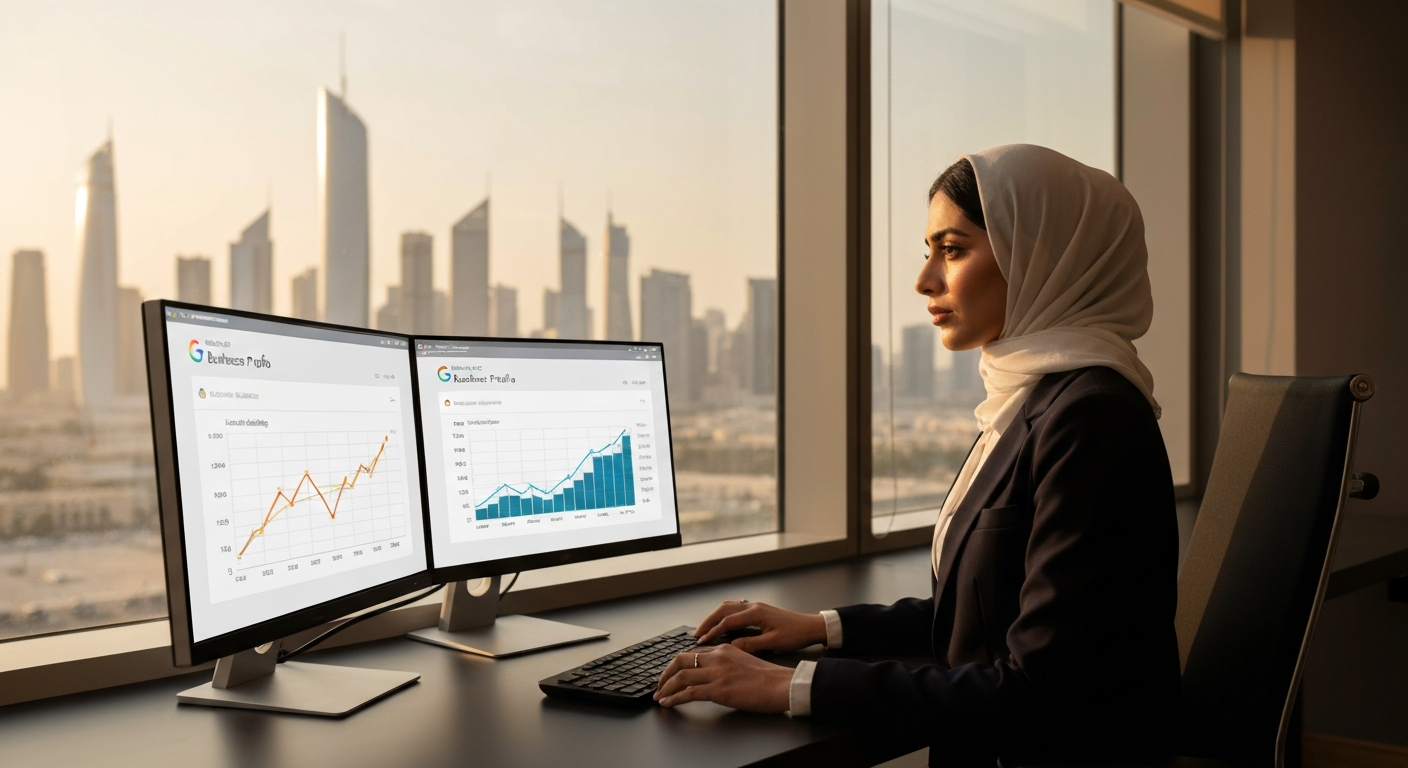 SEO specialist reviewing local search analytics in Abu Dhabi office